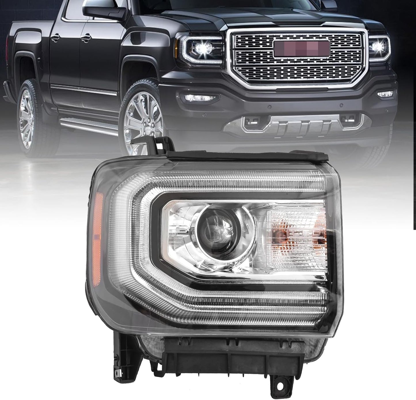 GMC Sierra 1500 Headlight Assembly 2016 2017 2018 Xenon Head Light with LED DRL, Turn Signal Light Chrome Housing Clear Lens Right Passenger Side GM2503453 84568273