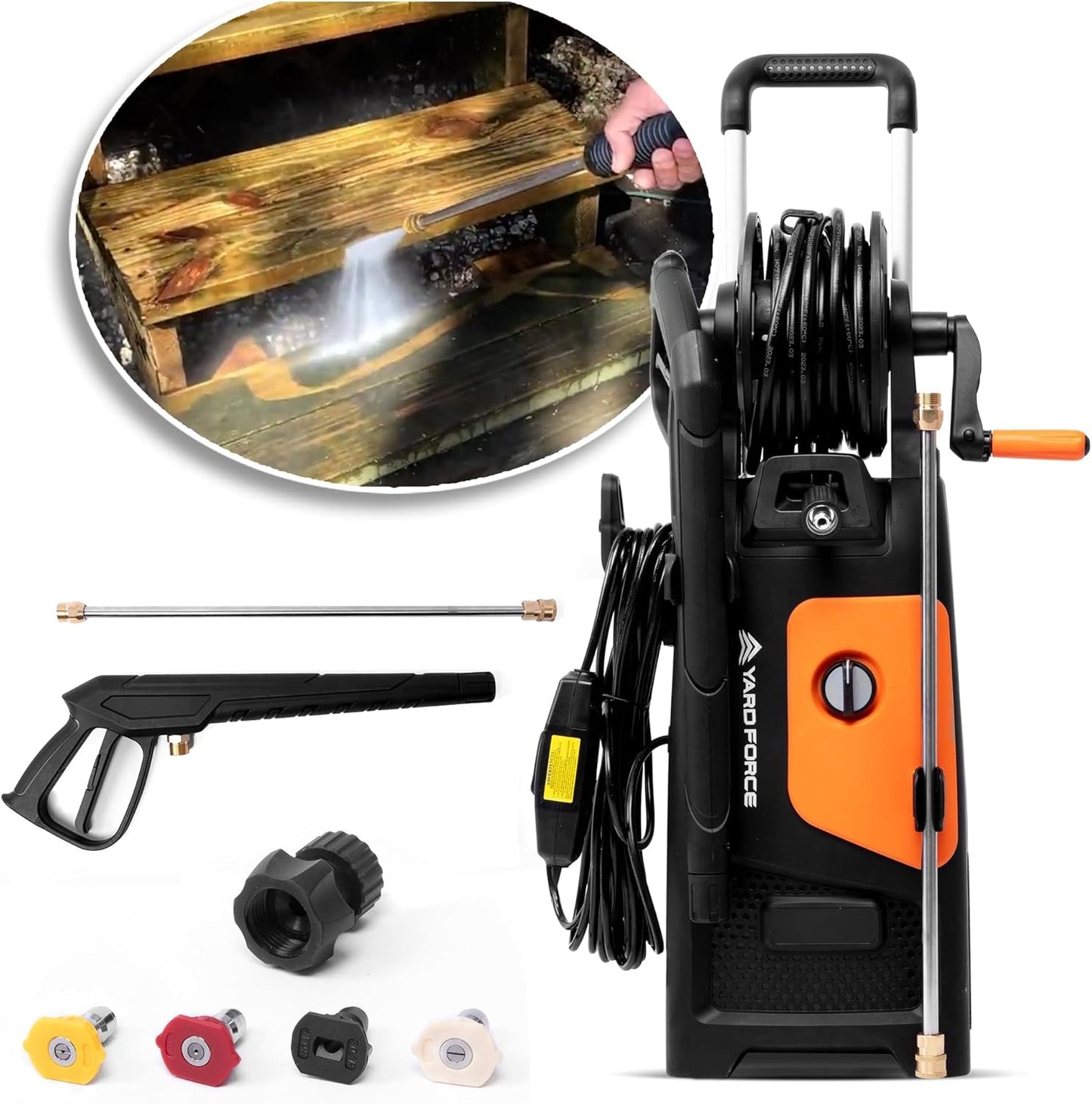 Yard Force Pressure Washer Electric Powered - 2000 PSI 2.3 GPM Power Washer with Hose Reel, Portable Washer with 4 Quick Connect Nozzles & 25 FT Hose for Cars, Fences, Patios