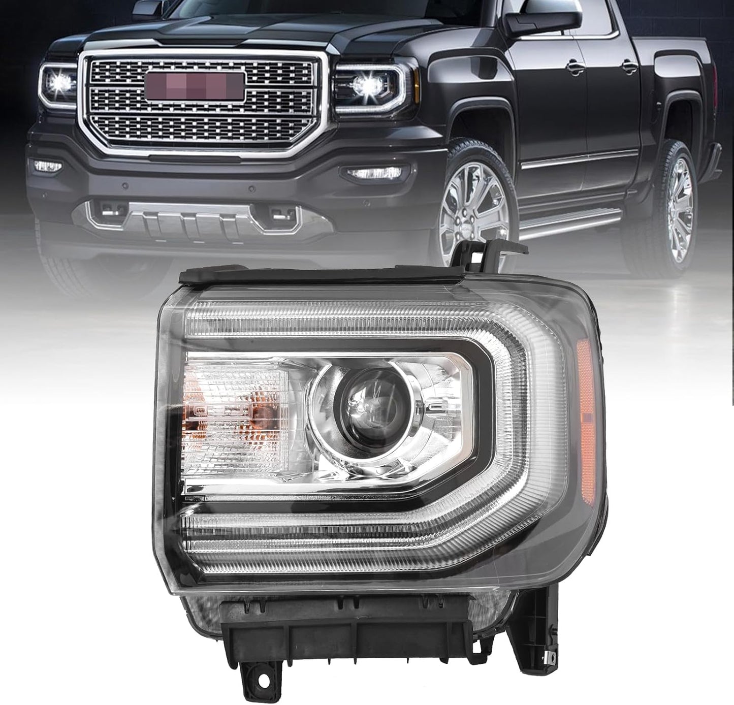 GMC Sierra 1500 Headlight Assembly 2016 2017 2018 Xenon Head Light with LED DRL Turn Signal Light Chrome Housing Clear Lens Left Driver Side GM2502453 84568272
