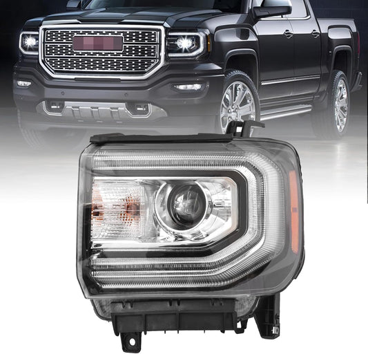 GMC Sierra 1500 Headlight Assembly 2016 2017 2018 Xenon Head Light with LED DRL Turn Signal Light Chrome Housing Clear Lens Left Driver Side GM2502453 84568272