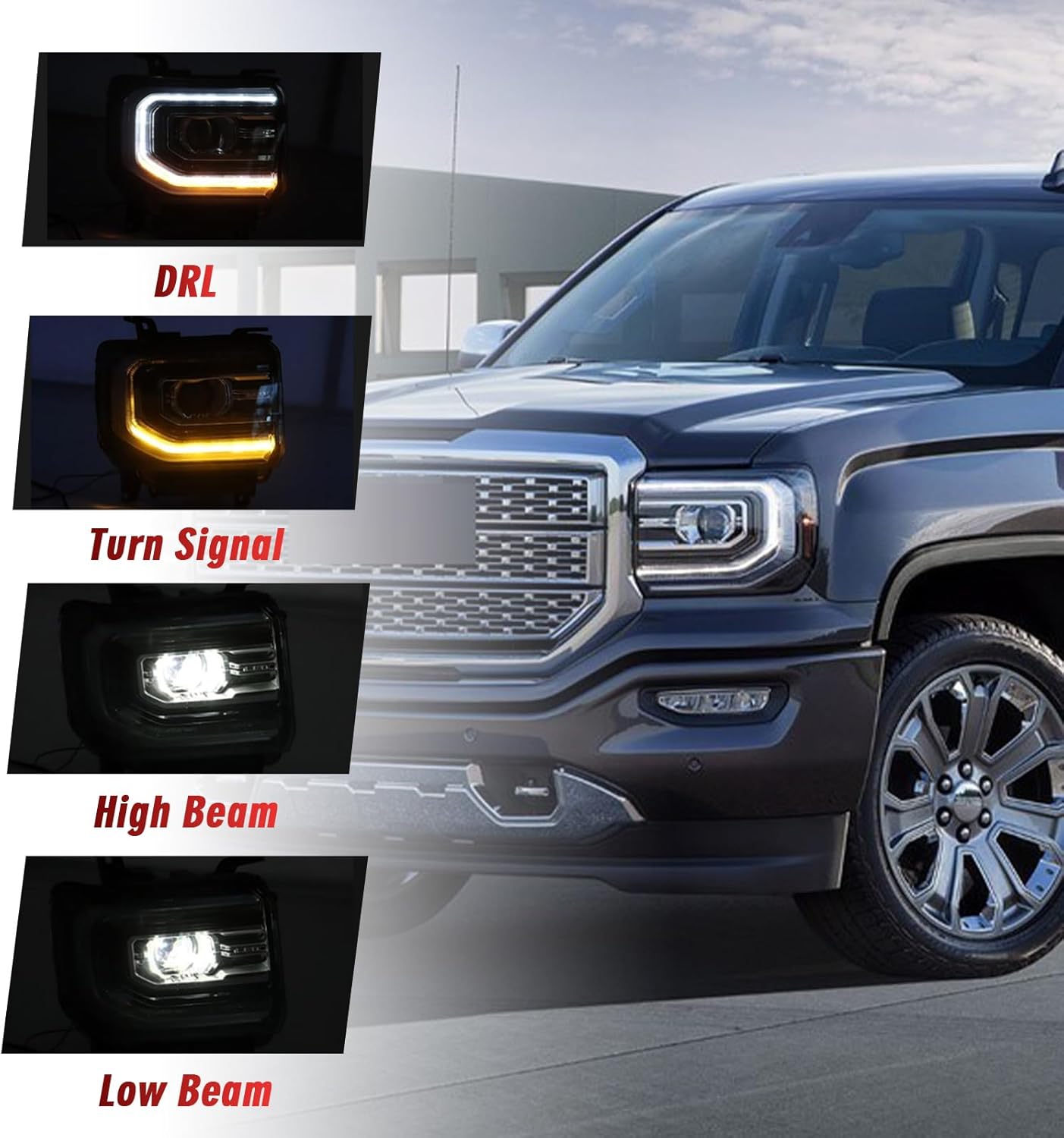 GMC Sierra 1500 Headlight Assembly 2016 2017 2018 Xenon Head Light with LED DRL, Turn Signal Light Chrome Housing Clear Lens Right Passenger Side GM2503453 84568273
