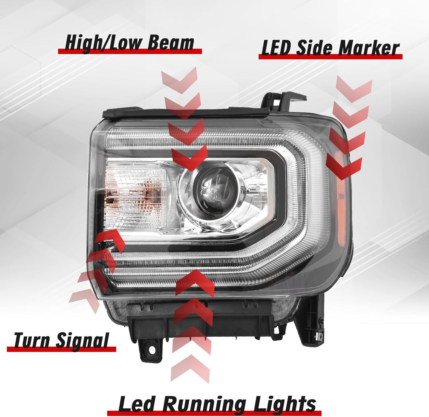 GMC Sierra 1500 Headlight Assembly 2016 2017 2018 Xenon Head Light with LED DRL Turn Signal Light Chrome Housing Clear Lens Left Driver Side GM2502453 84568272