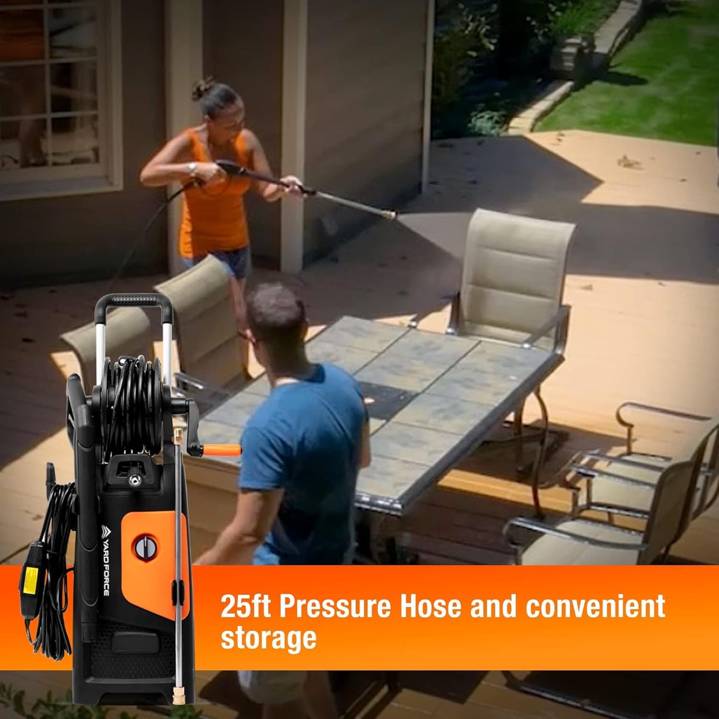 Yard Force Pressure Washer Electric Powered - 2000 PSI 2.3 GPM Power Washer with Hose Reel, Portable Washer with 4 Quick Connect Nozzles & 25 FT Hose for Cars, Fences, Patios