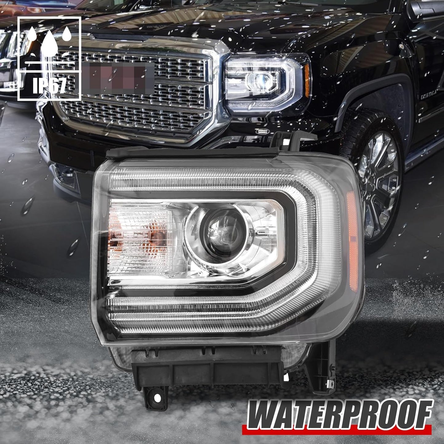 GMC Sierra 1500 Headlight Assembly 2016 2017 2018 Xenon Head Light with LED DRL Turn Signal Light Chrome Housing Clear Lens Left Driver Side GM2502453 84568272