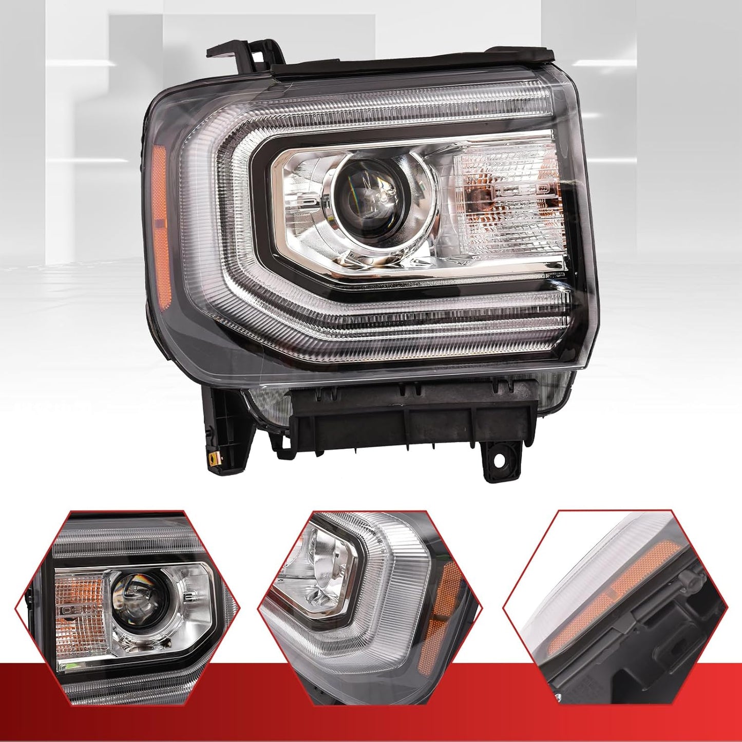 GMC Sierra 1500 Headlight Assembly 2016 2017 2018 Xenon Head Light with LED DRL, Turn Signal Light Chrome Housing Clear Lens Right Passenger Side GM2503453 84568273
