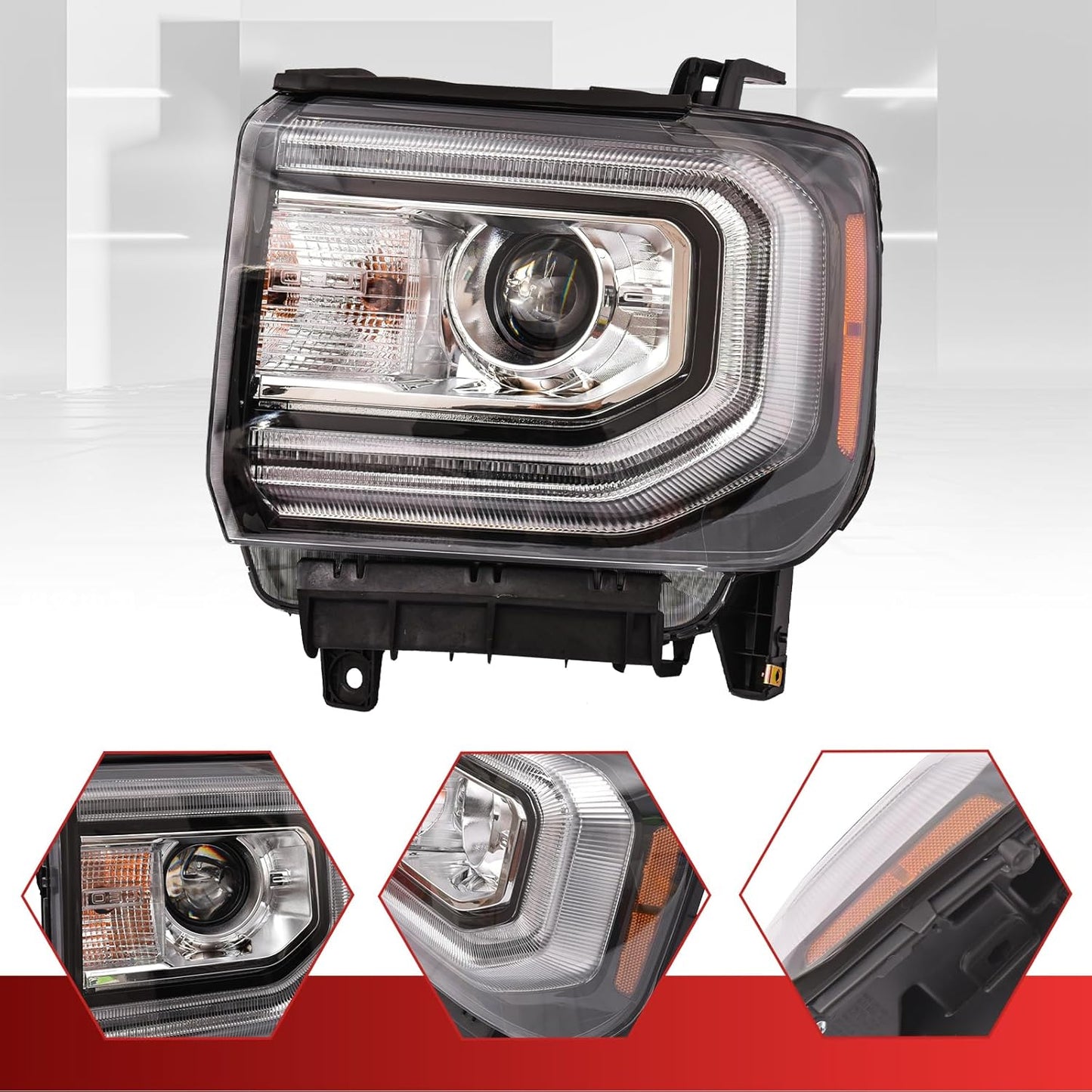 GMC Sierra 1500 Headlight Assembly 2016 2017 2018 Xenon Head Light with LED DRL Turn Signal Light Chrome Housing Clear Lens Left Driver Side GM2502453 84568272
